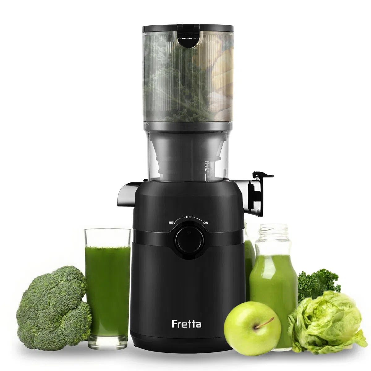 Extracteur de Jus Fretta, Slow Juicer Grande Ouverture 108mm, 1L Capacité, Pression à Froid, Sans BPA, 200W (Noir Satiné)