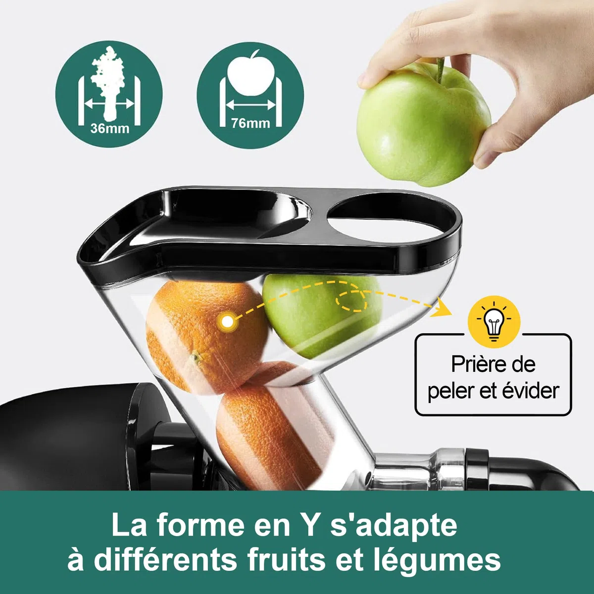 Fretta Extracteur de Jus à Pression à Froid, Goulotte 76 mm, Presse-agrumes sans BPA, Noir