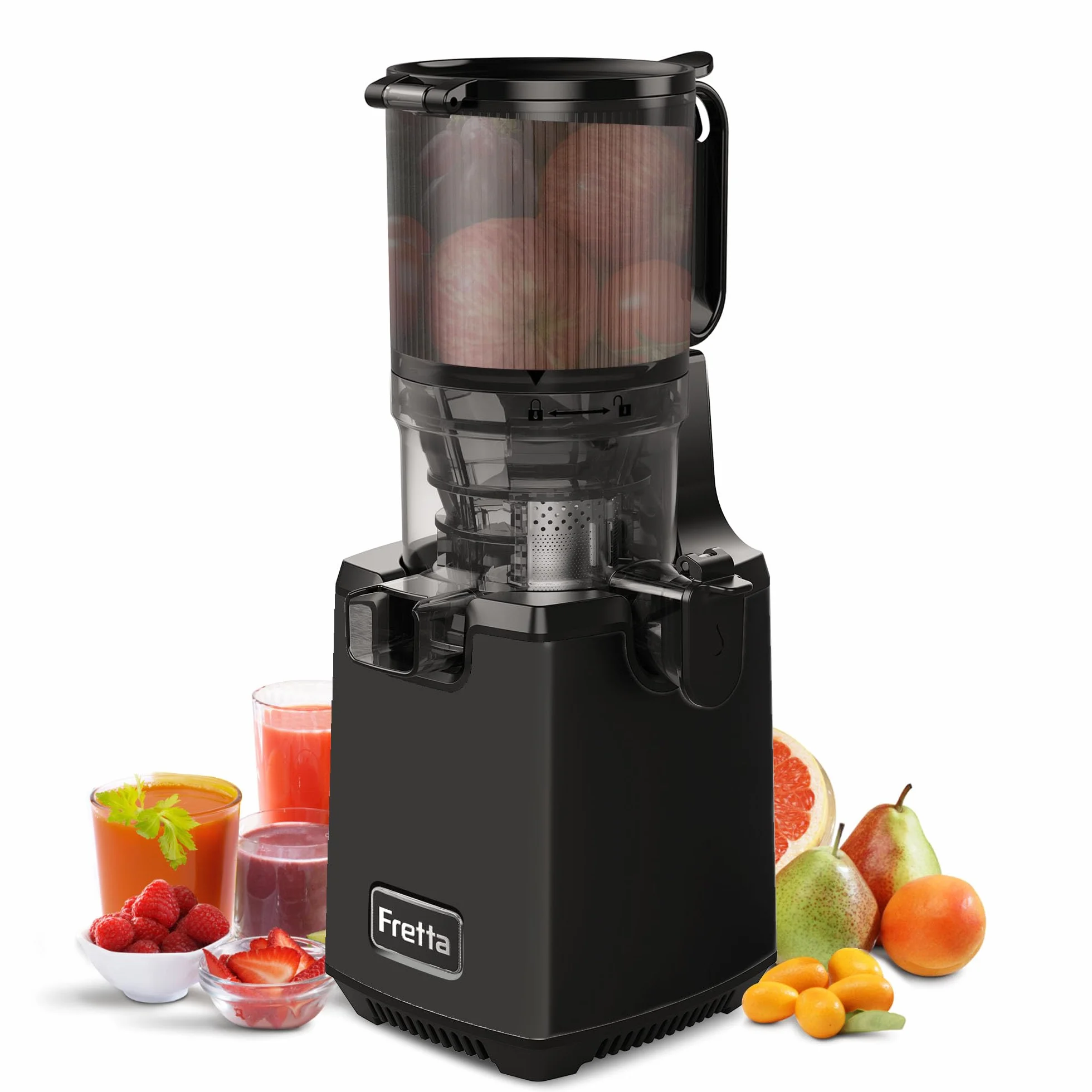 Fretta Extracteur de Jus à Mastication Lente, Grande Goulotte 135mm, Presse-agrumes Automatique 250W, Sans BPA