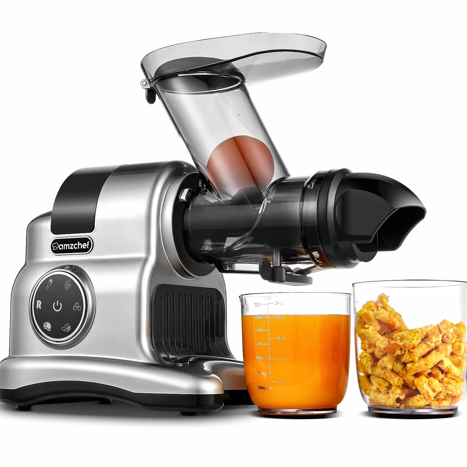 AMZCHEF Extracteur de jus à goulotte large 80 mm 150W mastication lente 2 modes vitesse Reverse Argent