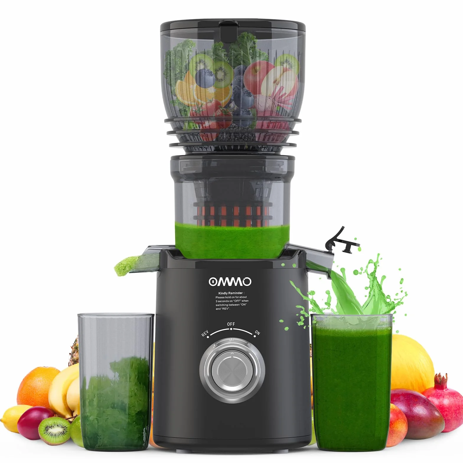 OMMO Extracteur de Jus 300W, Goulotte 148 mm, Machine à Jus électrique, 2 Tasses PC, Sans BPA, Noir