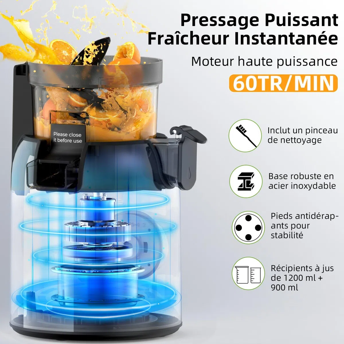 FIMEI Extracteur de Jus, Slow Juicer Grande Ouverture 135mm, Sans BPA, Base Inox, 2 Verres