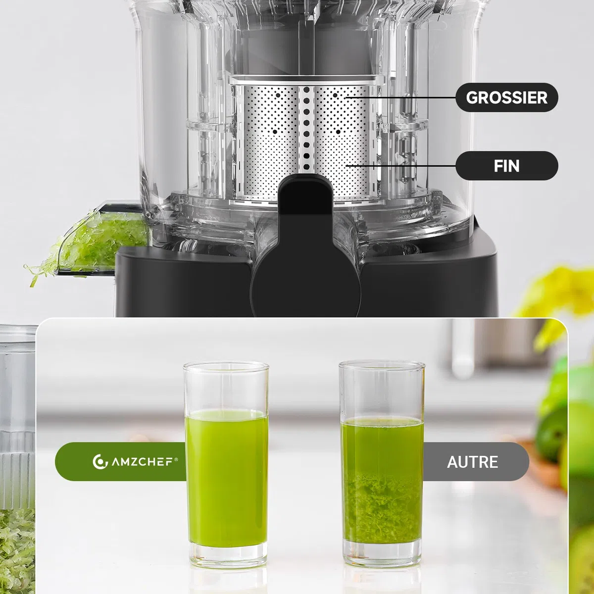 AMZCHEF Extracteur de Jus 120mm Grande Bouche, Presse Agrume Électrique Anti-Blocage 60Tr/Min, Inox