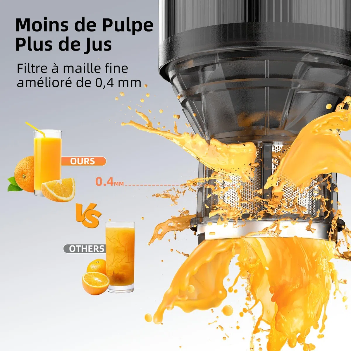 FIMEI Extracteur de Jus, Slow Juicer Grande Ouverture 135mm, Sans BPA, Base Inox, 2 Verres