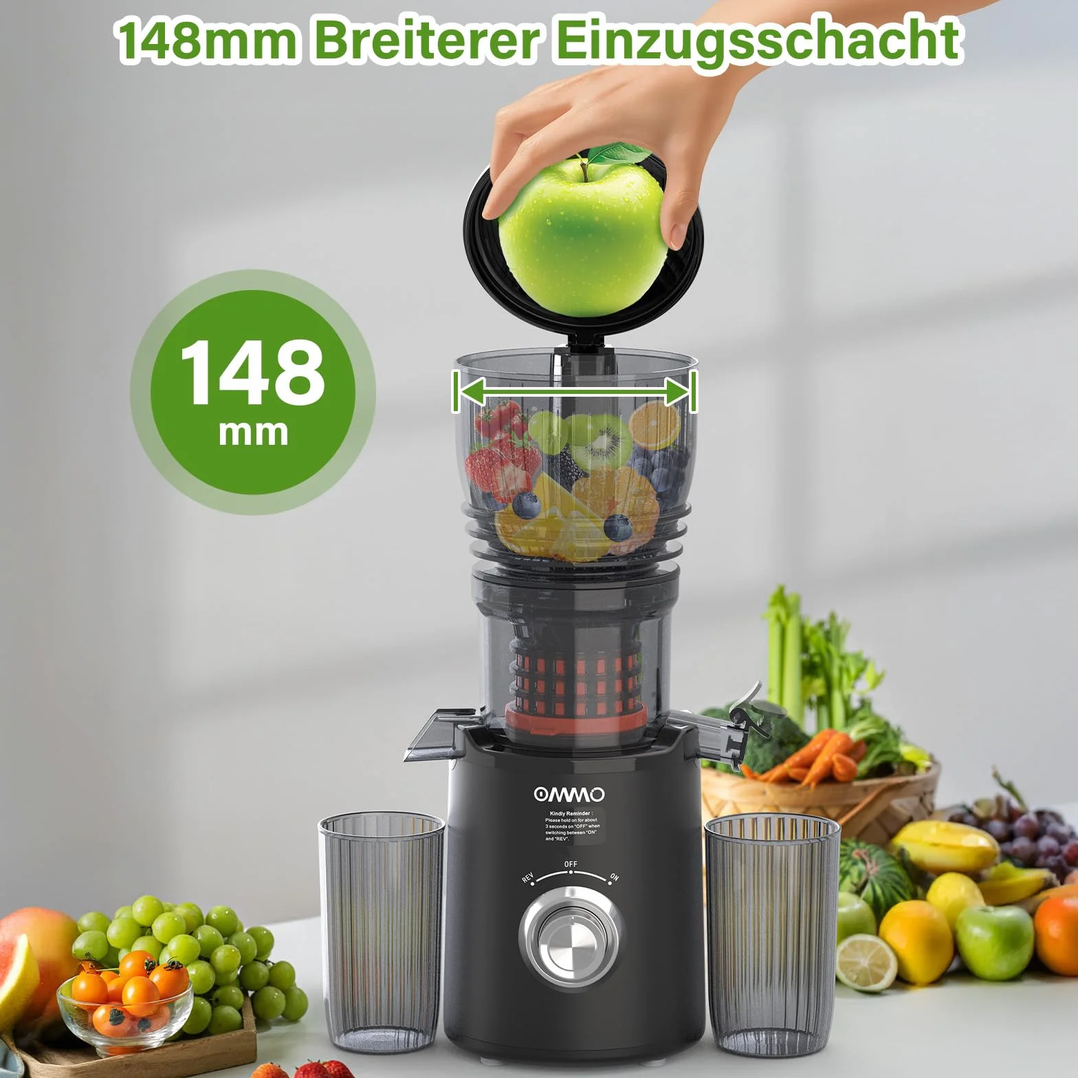 OMMO Extracteur de Jus 300W, Goulotte 148 mm, Machine à Jus électrique, 2 Tasses PC, Sans BPA, Noir