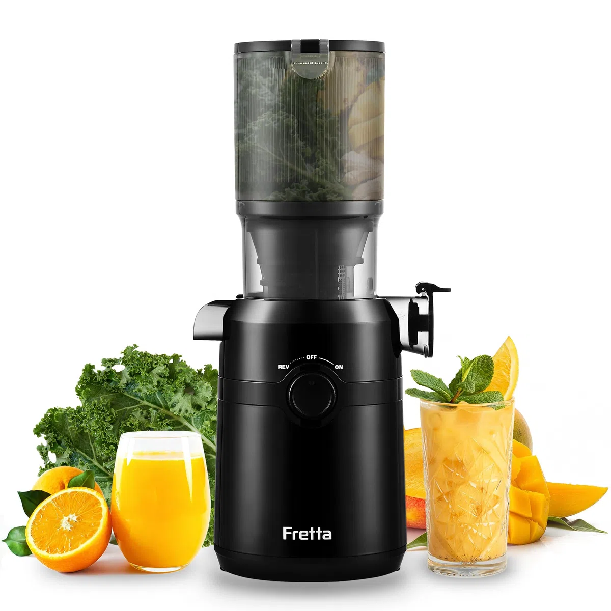 Extracteur de Jus Fretta, Presse à Froid, Grande Ouverture 108mm, 200W, 1L, Sans BPA, Noir