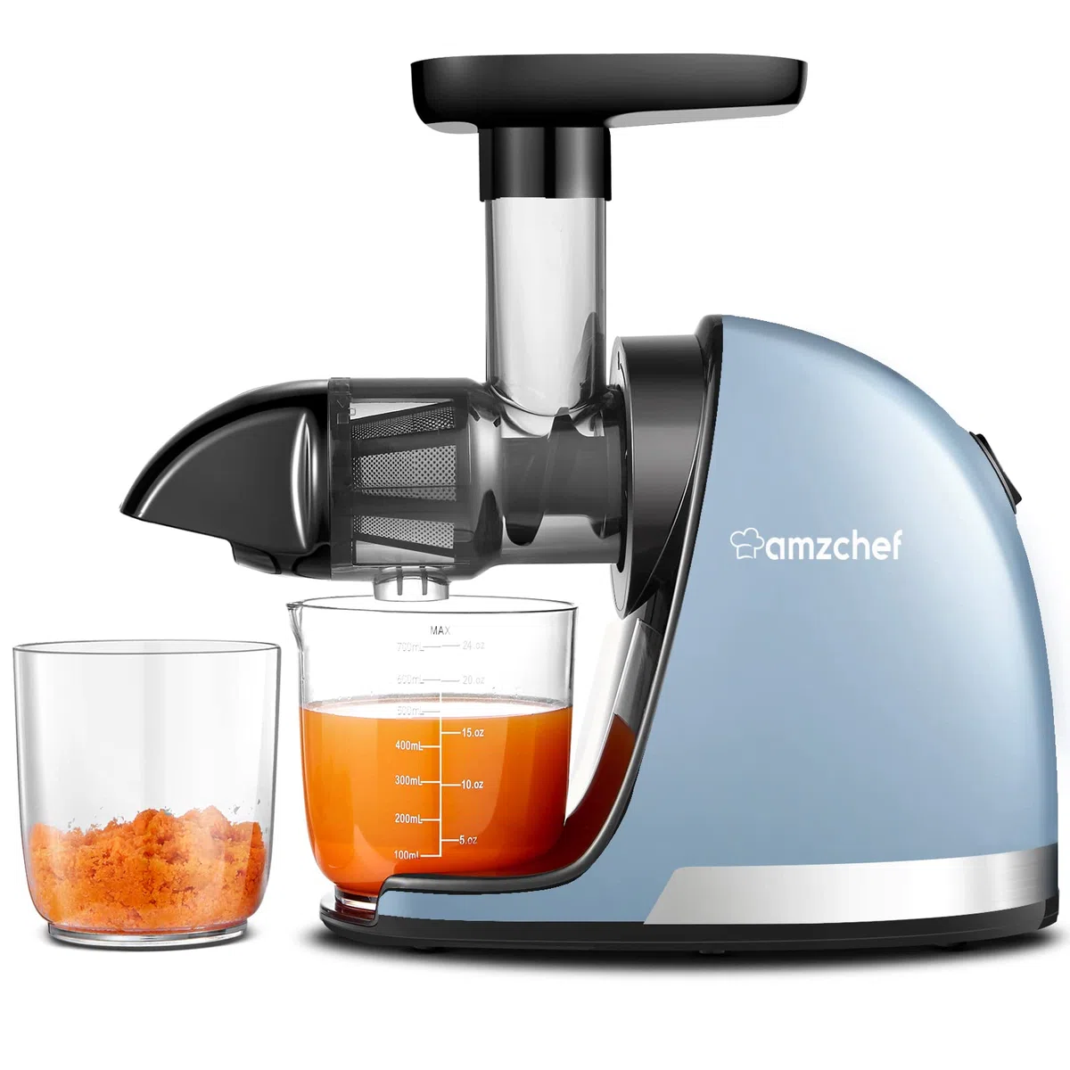 AMZCHEF Extracteur Jus Fruits Légumes Froid sans BPA 2 Tasses Brosse Fonction Mastication Inversée Bleu Doux