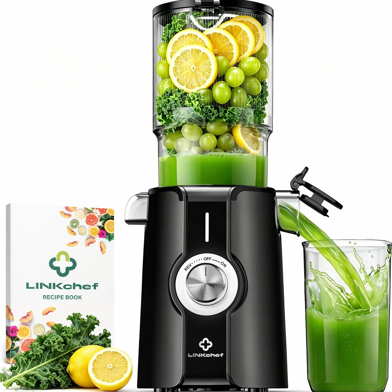 LINKChef extracteur de jus 200W 115mm Grande Bouche Slow Juicer Vertical Sans BPA Noir