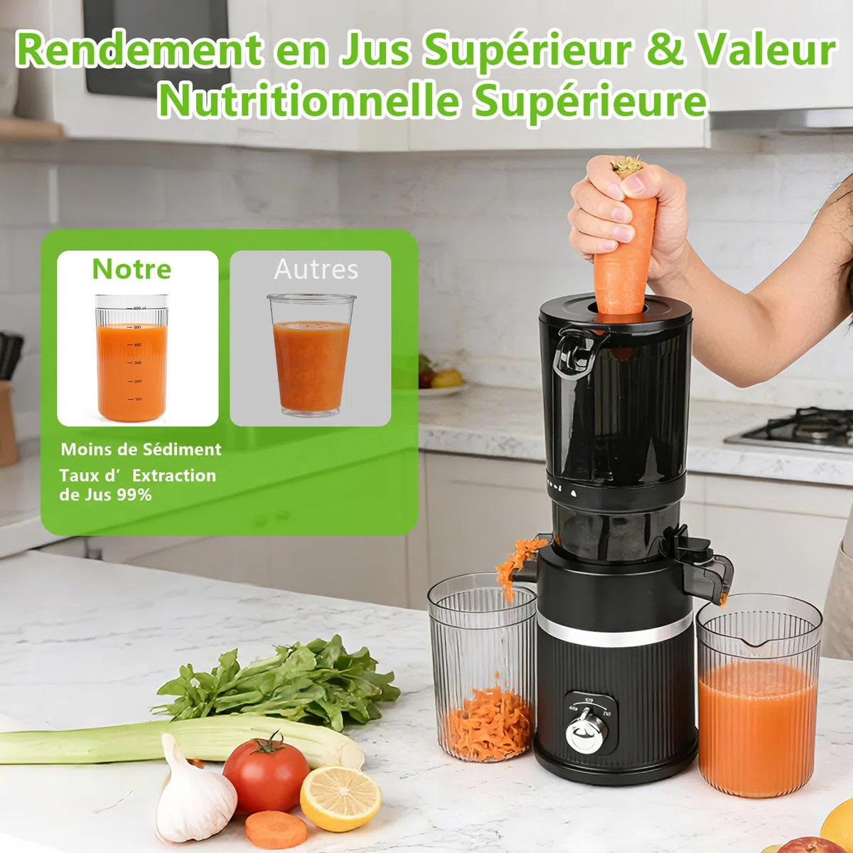 Extracteur de jus 200W, Slow Juicer 112mm, 1.7L, 2 récipients, Sans BPA, Noir