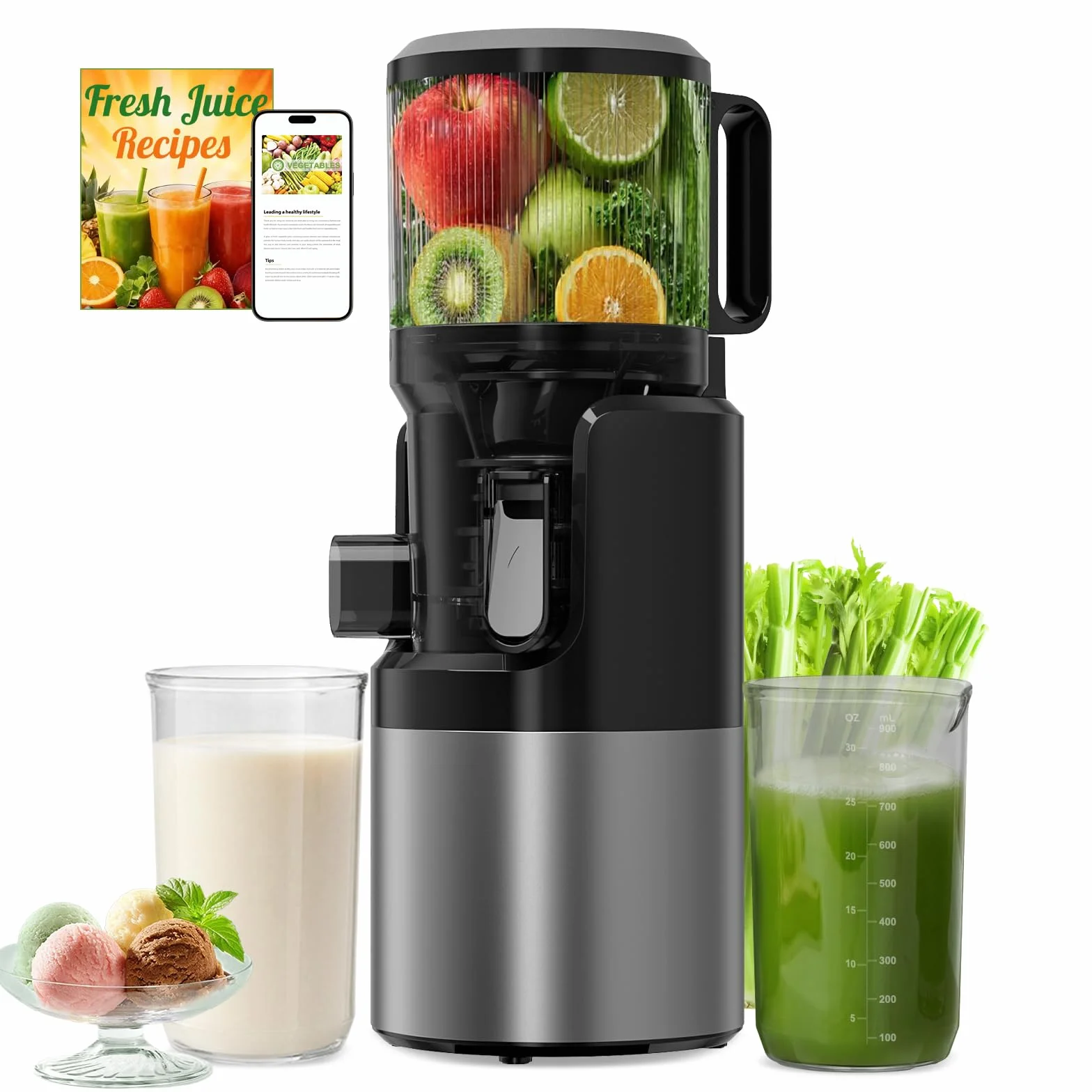 Extracteur de Jus à Froid 400W Slow Juicer, Goulotte XL 152 mm, Tamis 3-en-1, Sans BPA, 1,8L