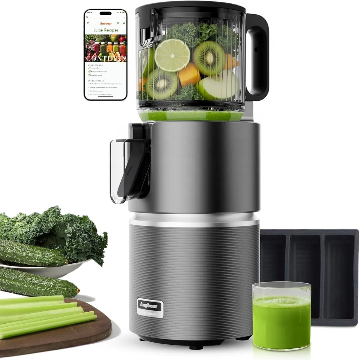Anybear Centrifugeuse Extracteur de Jus à Froid 124 mm 350W Double Système de Pressage Lent Tritan sans BPA Gris
