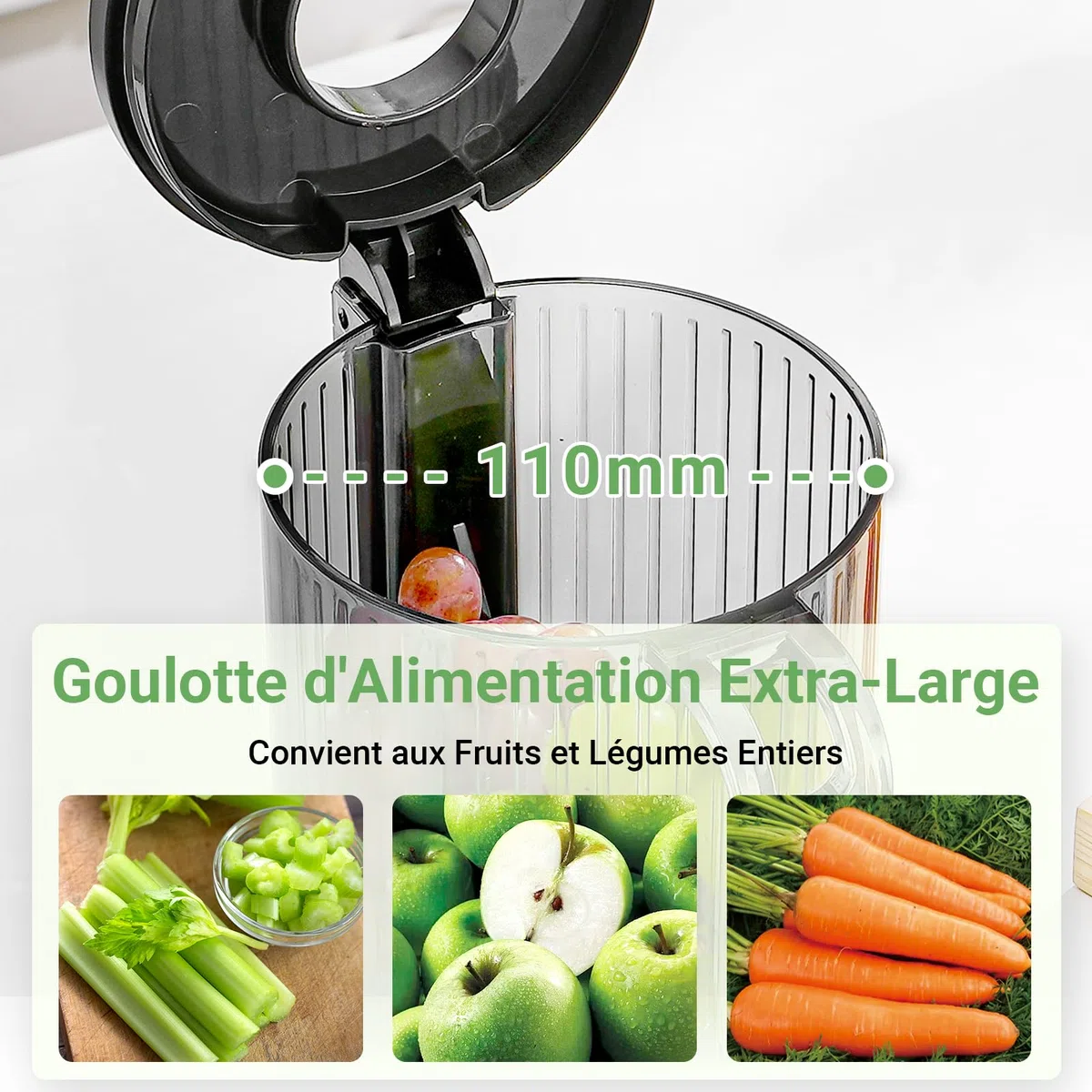 AAOBOSI Extracteur de Jus Fruits et Légumes 110 mm, Mastication Inversée, Sans BPA, 2 Tasses