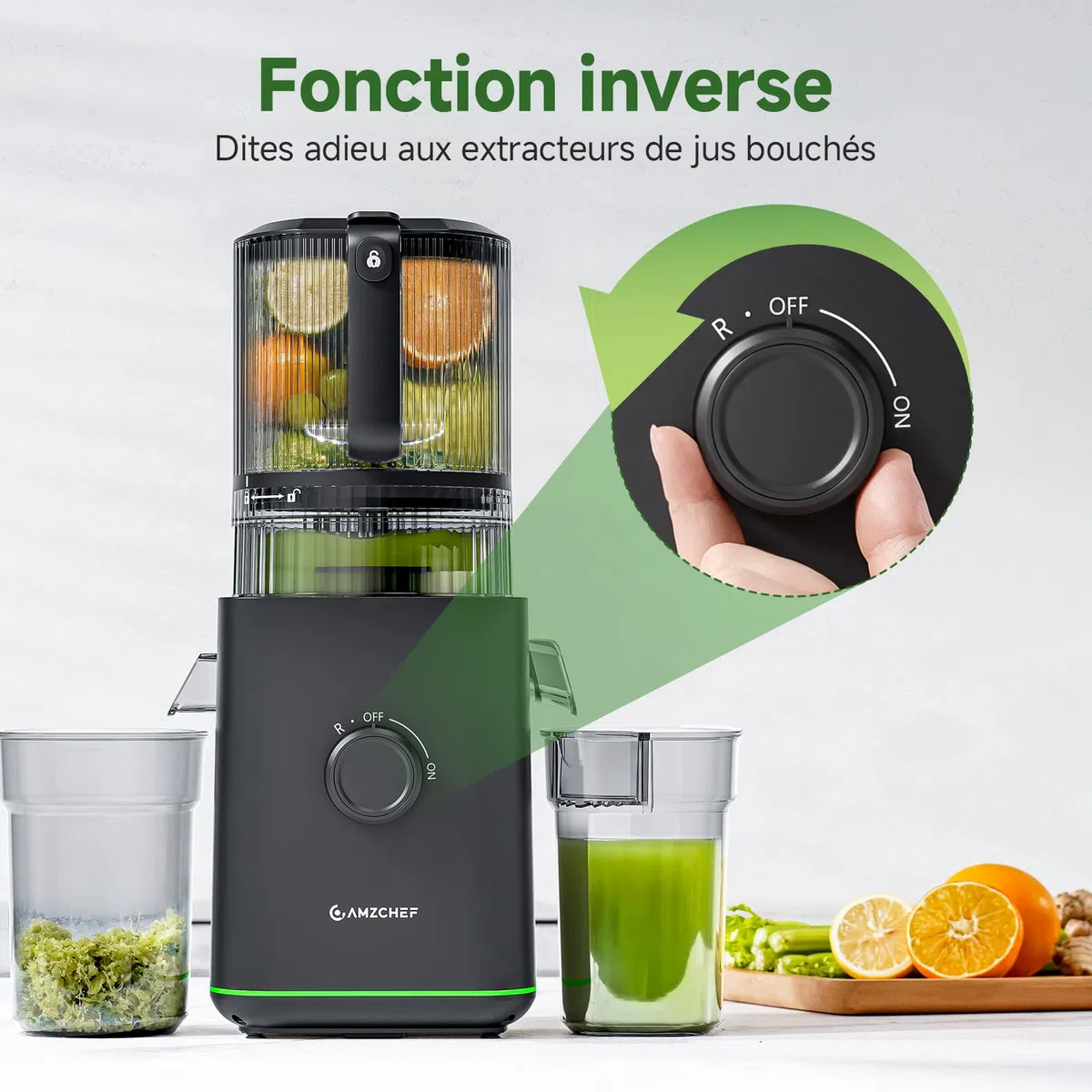 AMZCHEF Extracteur de Jus de Fruits et Légumes, Bocca 155mm, 2,5L, 2 Filtres, Pression Automatique