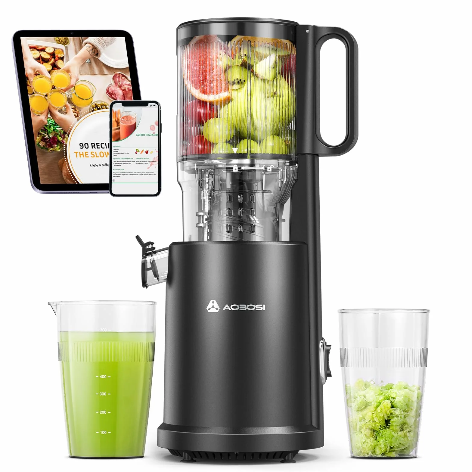 AOBOSI Extracteur de Jus à Froid 200W, Grande Ouverture 135 mm, Centrifugeuse Silencieuse avec Vis Sans Fin 8 Étages, Triple Filtration