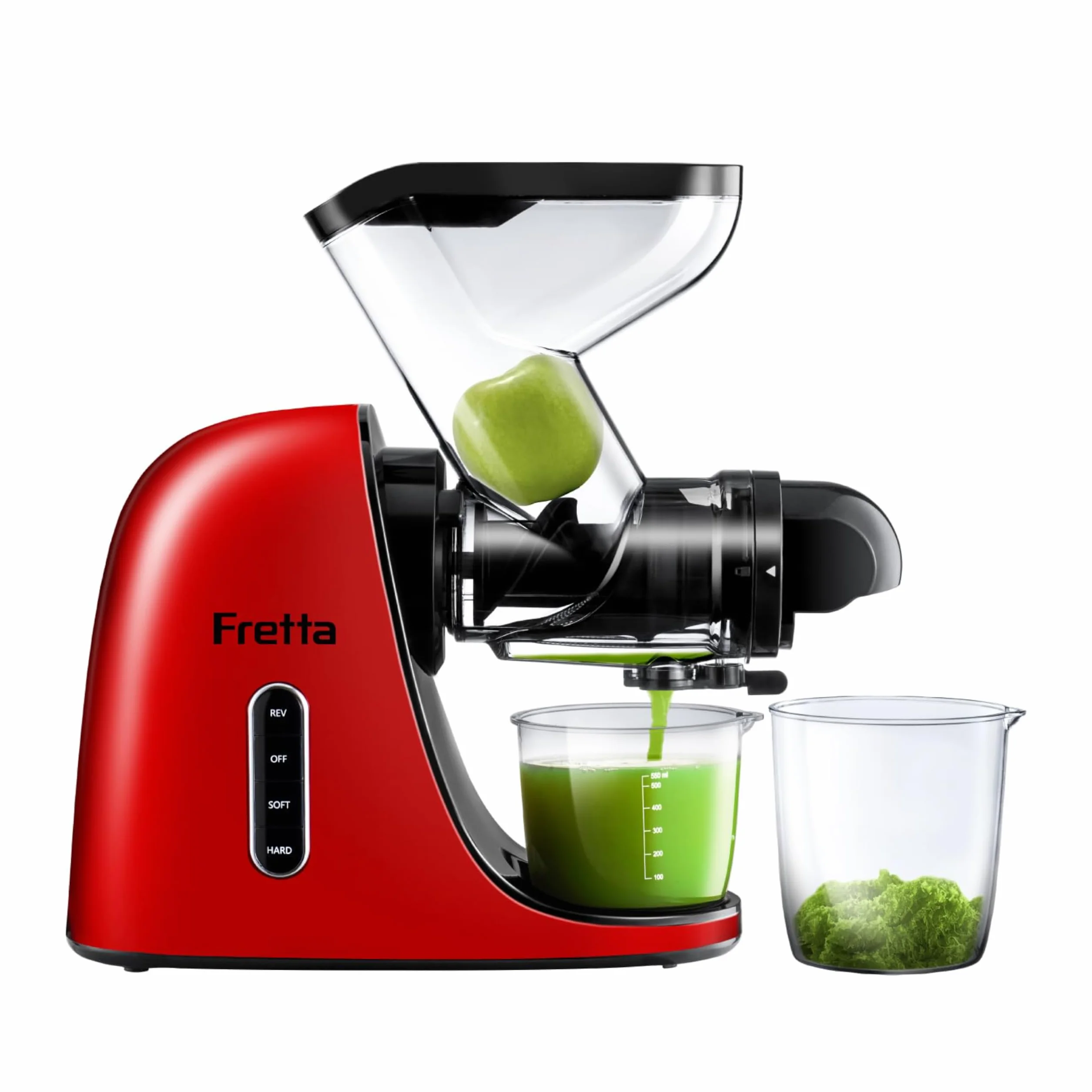 Fretta Extracteur de Jus à Pression à Froid, Goulotte 76 mm, Presse-agrumes sans BPA, Rouge