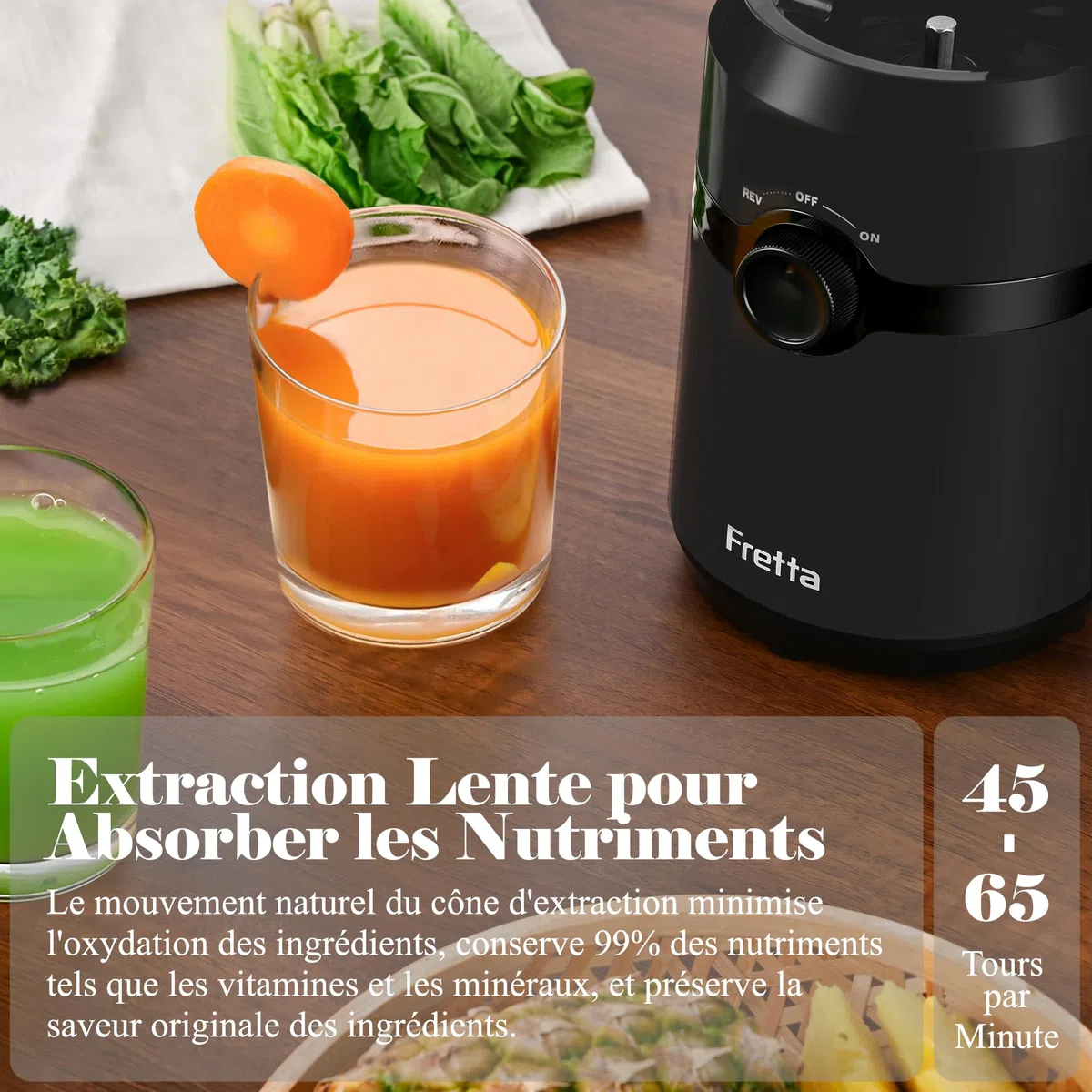 Extracteur de Jus Fretta, Slow Juicer Grande Ouverture 108mm, 1L Capacité, Pression à Froid, Sans BPA, 200W (Noir Satiné)
