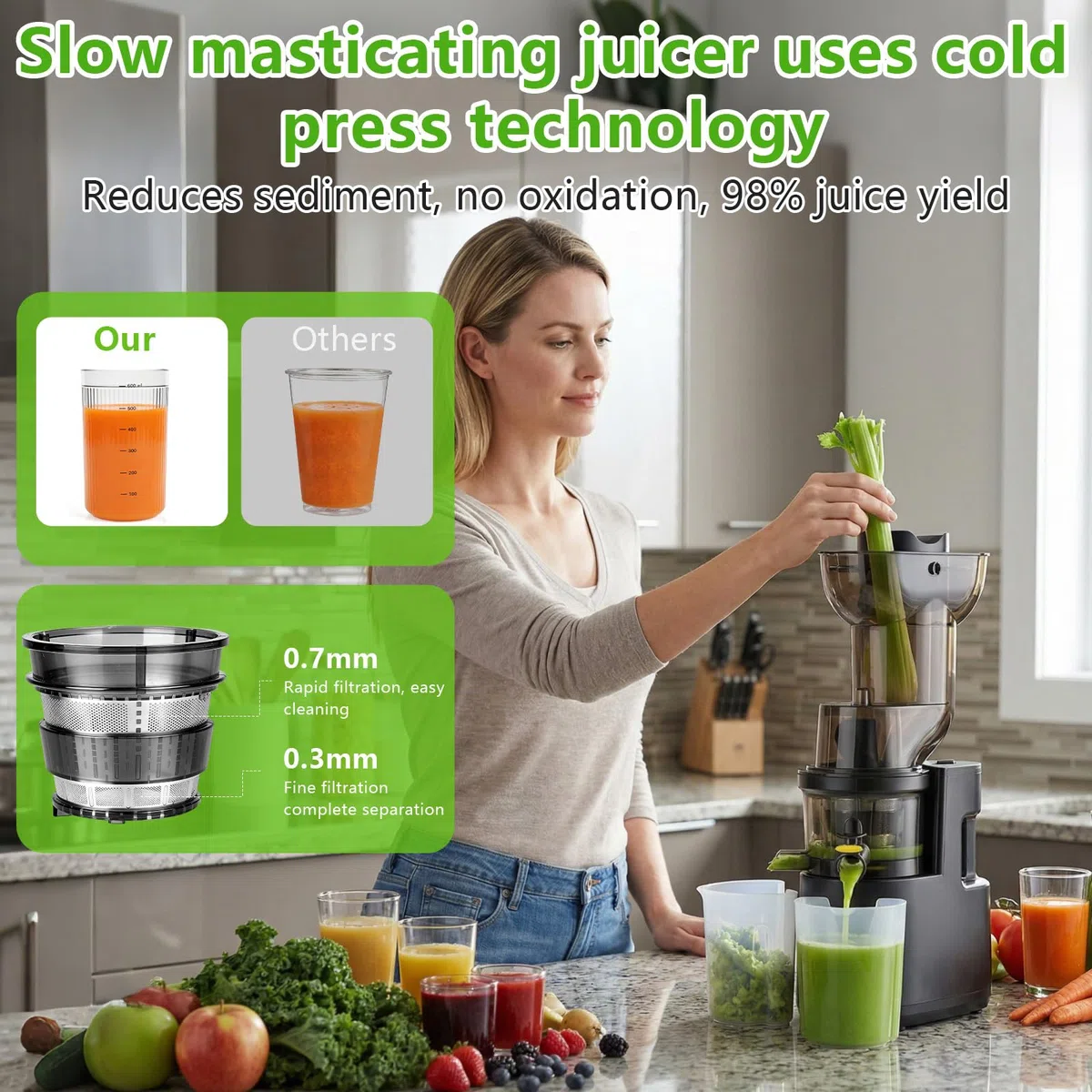 Extracteur de jus 500W, 98mm, Fonction Inverse, 2 Récipients, Sans BPA