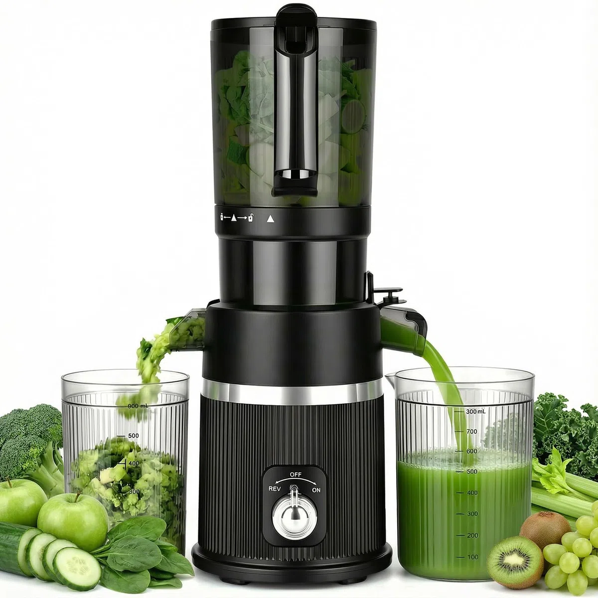 Extracteur de jus 200W, Slow Juicer 112mm, 1.7L, 2 récipients, Sans BPA, Noir