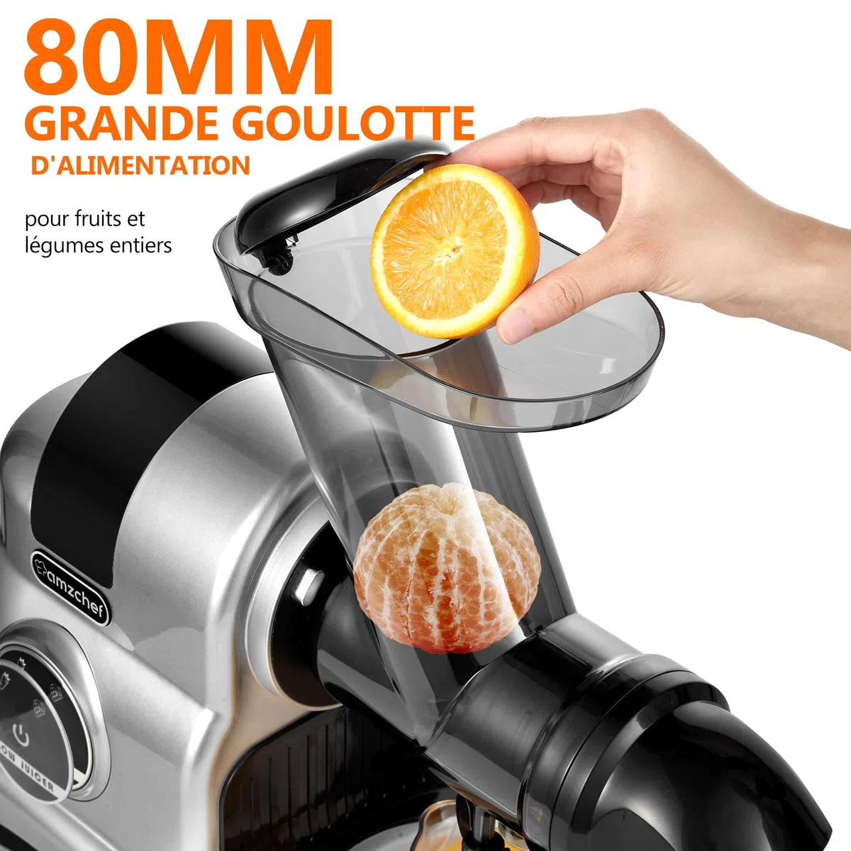 AMZCHEF Extracteur de jus à goulotte large 80 mm 150W mastication lente 2 modes vitesse Reverse Argent