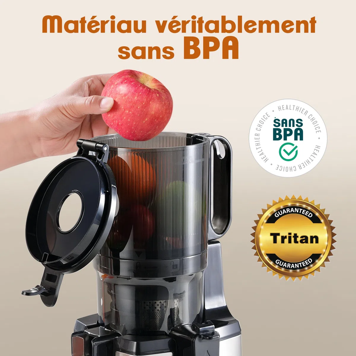Fretta Extracteur de Jus à Mastication Lente 250W, Grande Goulotte 135mm, Sans BPA, Acier Inoxydable