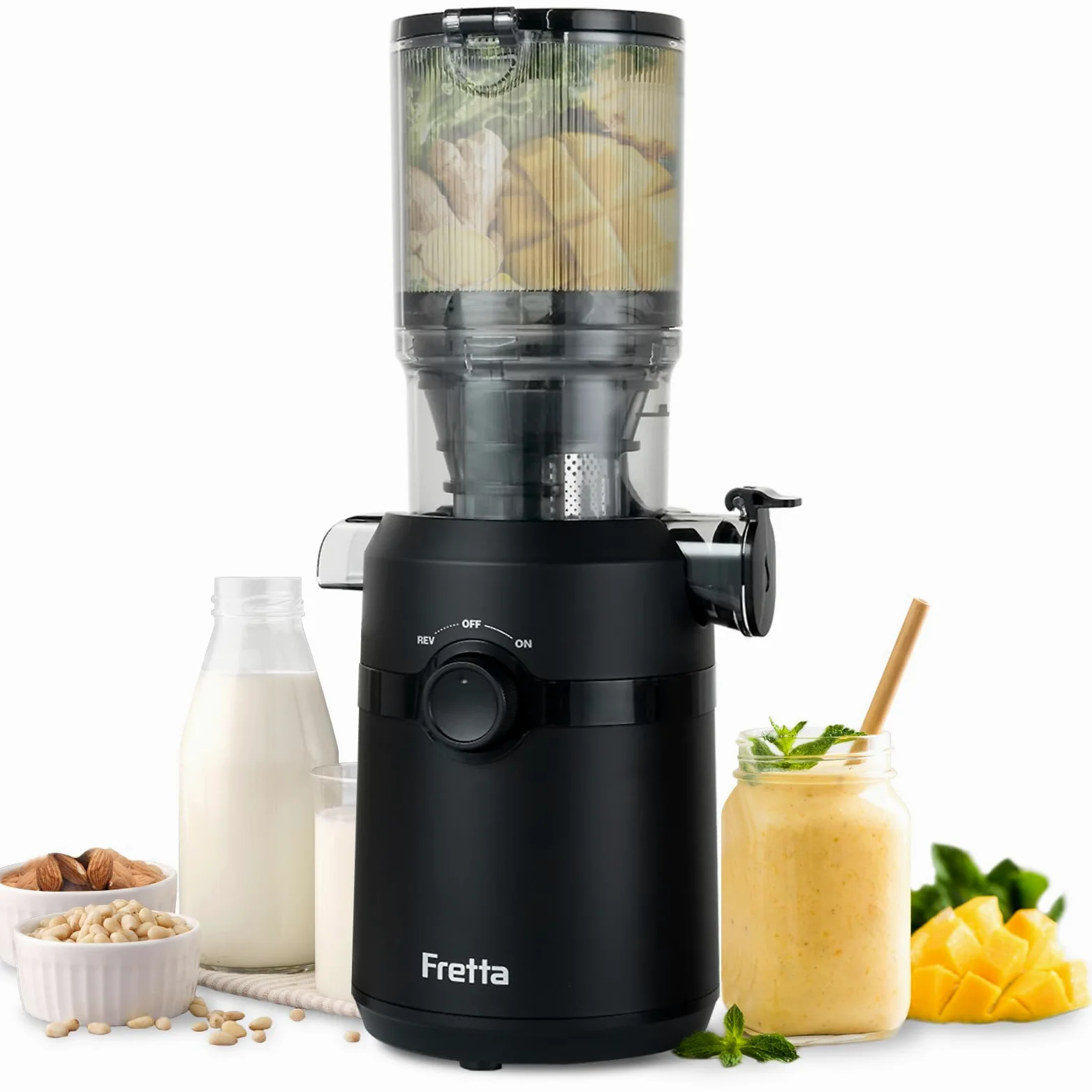 Fretta Extracteur de Jus, Slow Juicer Grande Ouverture 108mm, 1L Capacité, Pression à Froid, Sans BPA, 200W