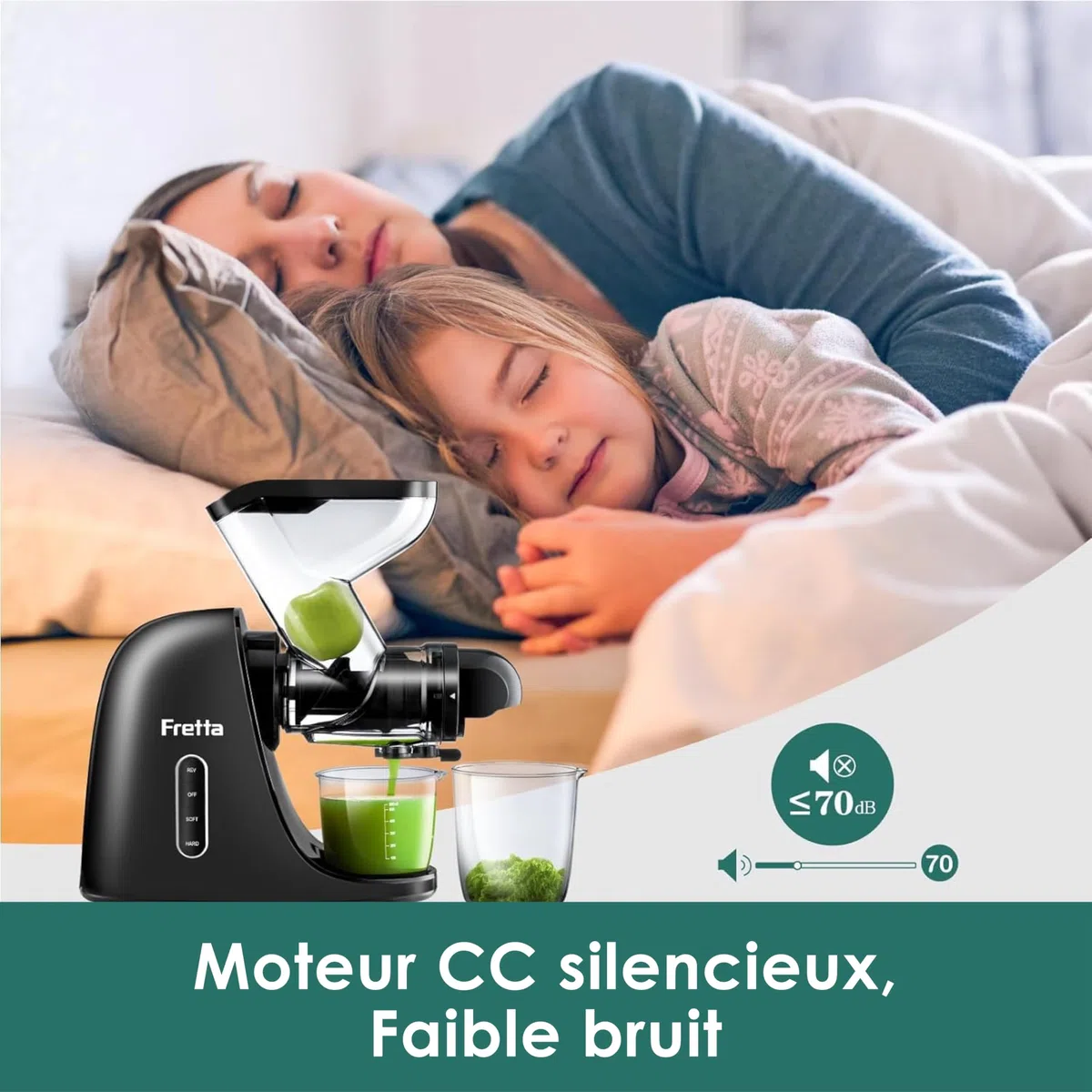 Fretta Extracteur de Jus à Pression à Froid, Goulotte 76 mm, Presse-agrumes sans BPA, Noir