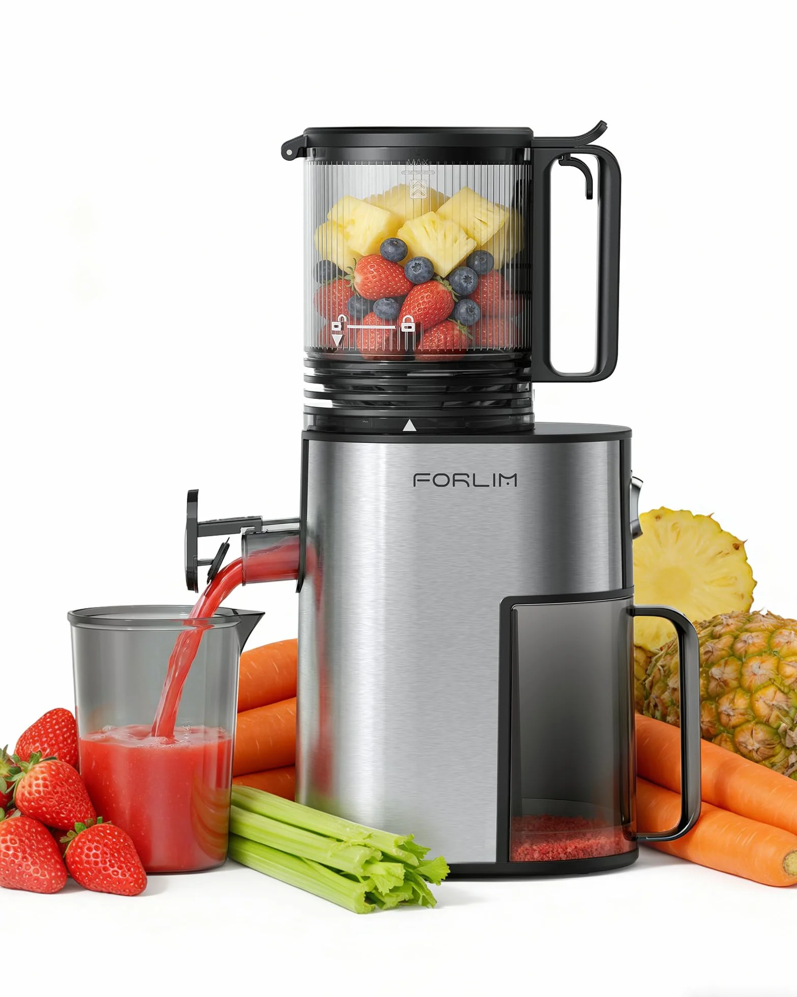 FORLIM Extracteur de Jus 250W Lent Rotatif 130mm Grande Cheminée Auto-alimentée 1,7L Réservoir Argent