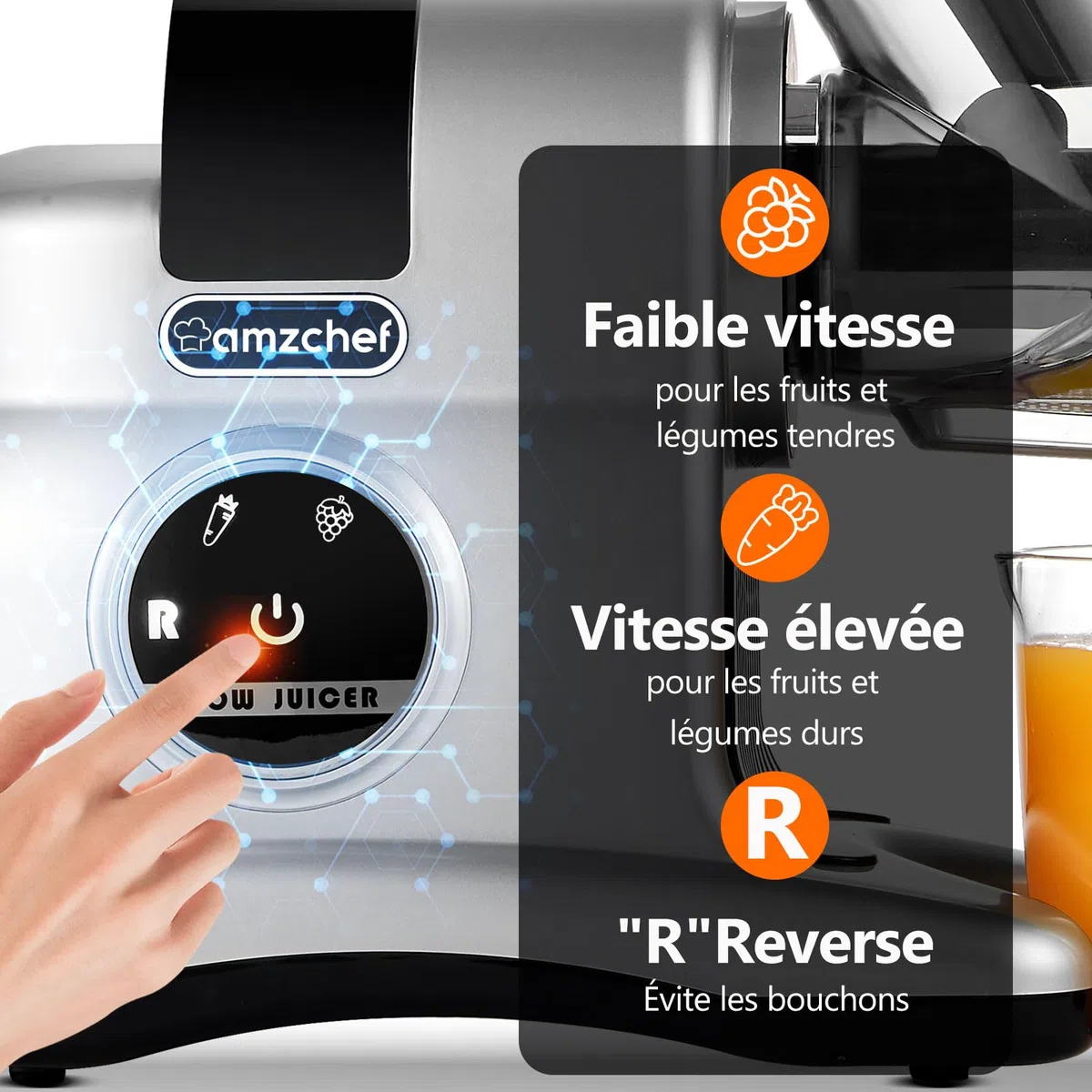 AMZCHEF Extracteur de jus à goulotte large 80 mm 150W mastication lente 2 modes vitesse Reverse Argent