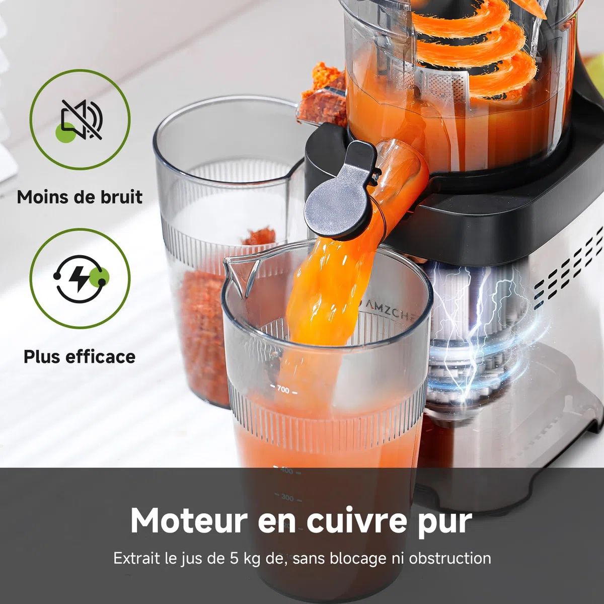 AMZCHEF Extracteur de Jus 120mm Grande Bouche, Presse Agrume Électrique Anti-Blocage 60Tr/Min, Inox