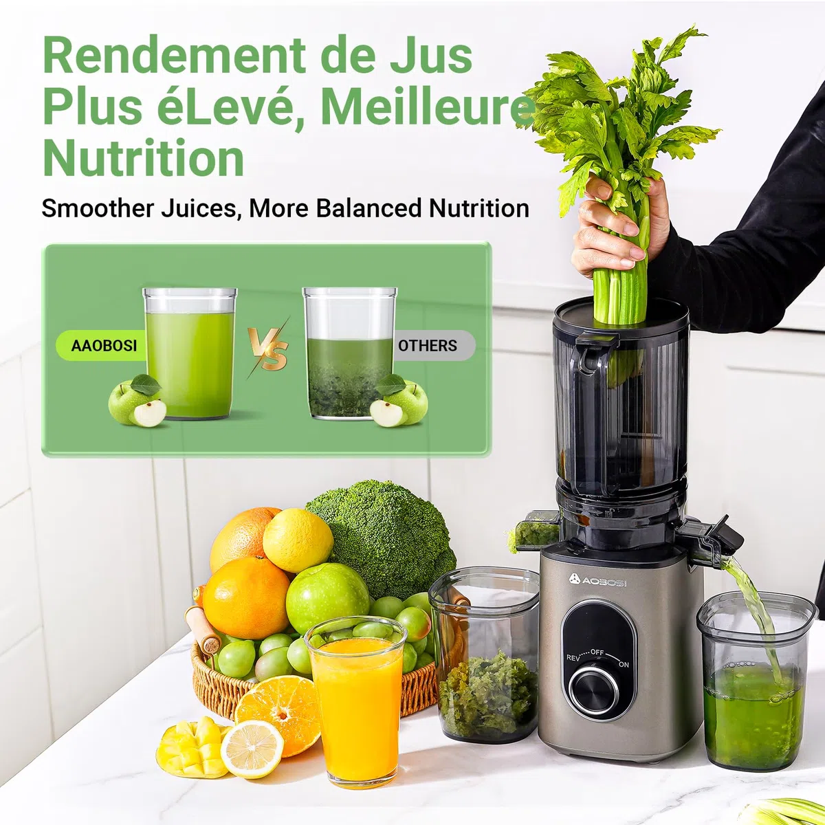 AAOBOSI Extracteur de Jus Fruits et Légumes 110 mm, Mastication Inversée, Sans BPA, 2 Tasses