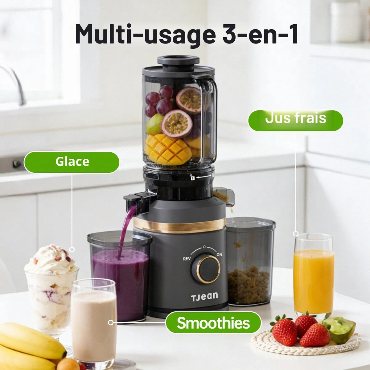 Extracteur de jus à froid lent TJean 110 mm pour fruits et légumes entiers, haut rendement, faible consommation d'énergie
