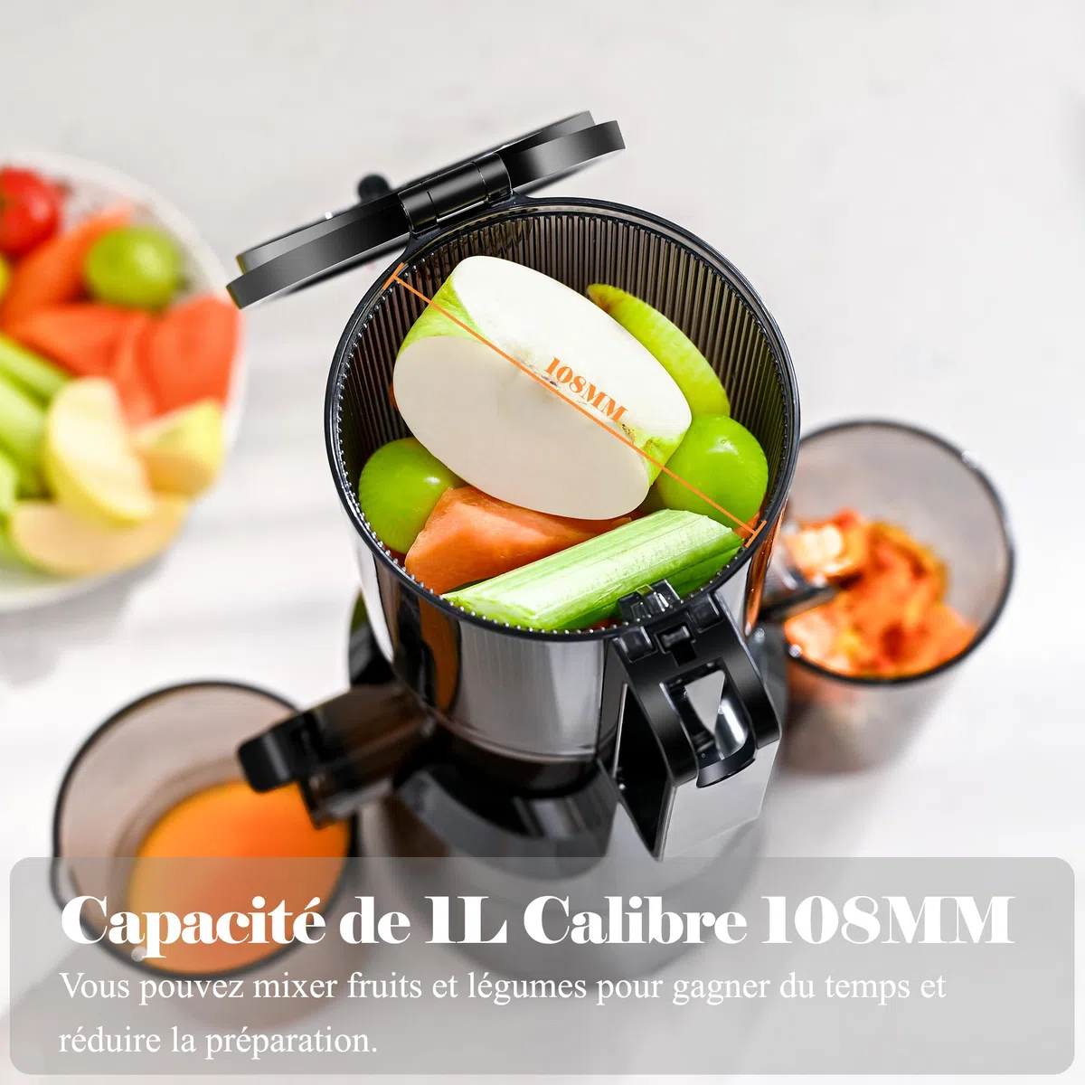 Extracteur de Jus Fretta, Slow Juicer Grande Ouverture 108mm, 1L Capacité, Pression à Froid, Sans BPA, 200W (Noir Satiné)