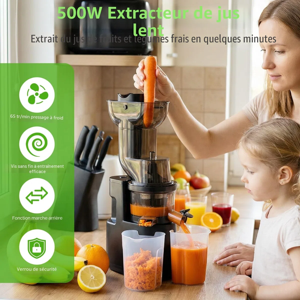 Extracteur de jus 500W, Fruits et Légumes, Fonction Inverse, Grande Ouverture 98mm, Slow Juicer, Taux d'extraction 98%, 2 Récipients, Sans BPA