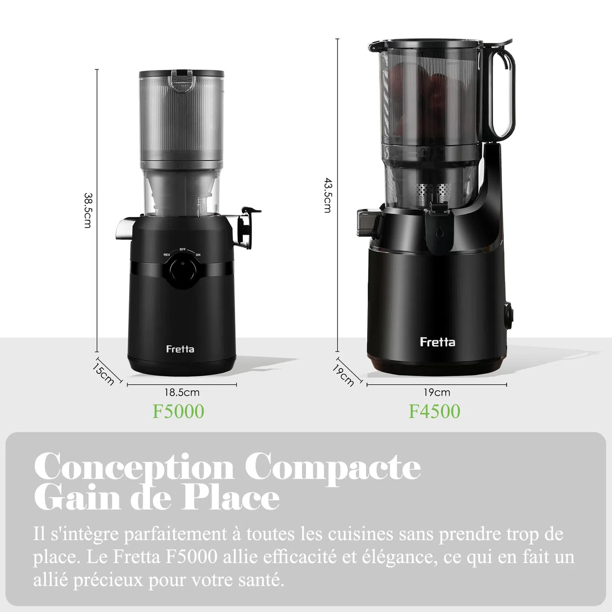 Extracteur de Jus Fretta, Slow Juicer Grande Ouverture 108mm, 1L Capacité, Pression à Froid, Sans BPA, 200W (Noir Satiné)