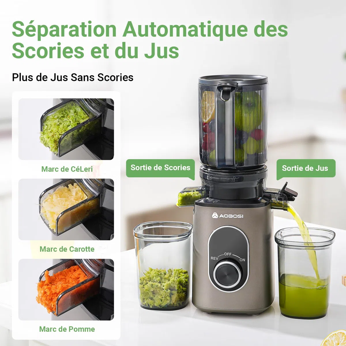 AAOBOSI Extracteur de Jus Fruits et Légumes 110 mm, Mastication Inversée, Sans BPA, 2 Tasses