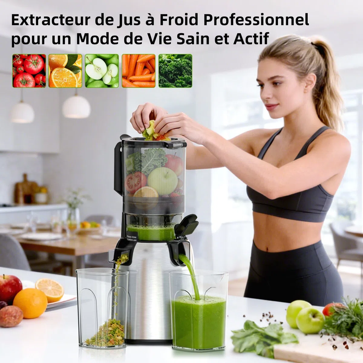 FIMEI Extracteur de Jus, Slow Juicer Grande Ouverture 135mm, Sans BPA, Base Inox, 2 Verres
