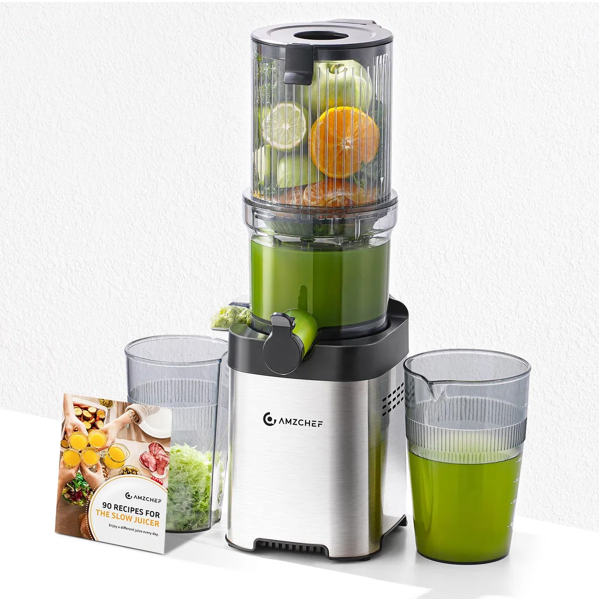 AMZCHEF 120MM Slow Juicer Machine à Jus de Fruits et Légumes Extracteur Vertical Argent