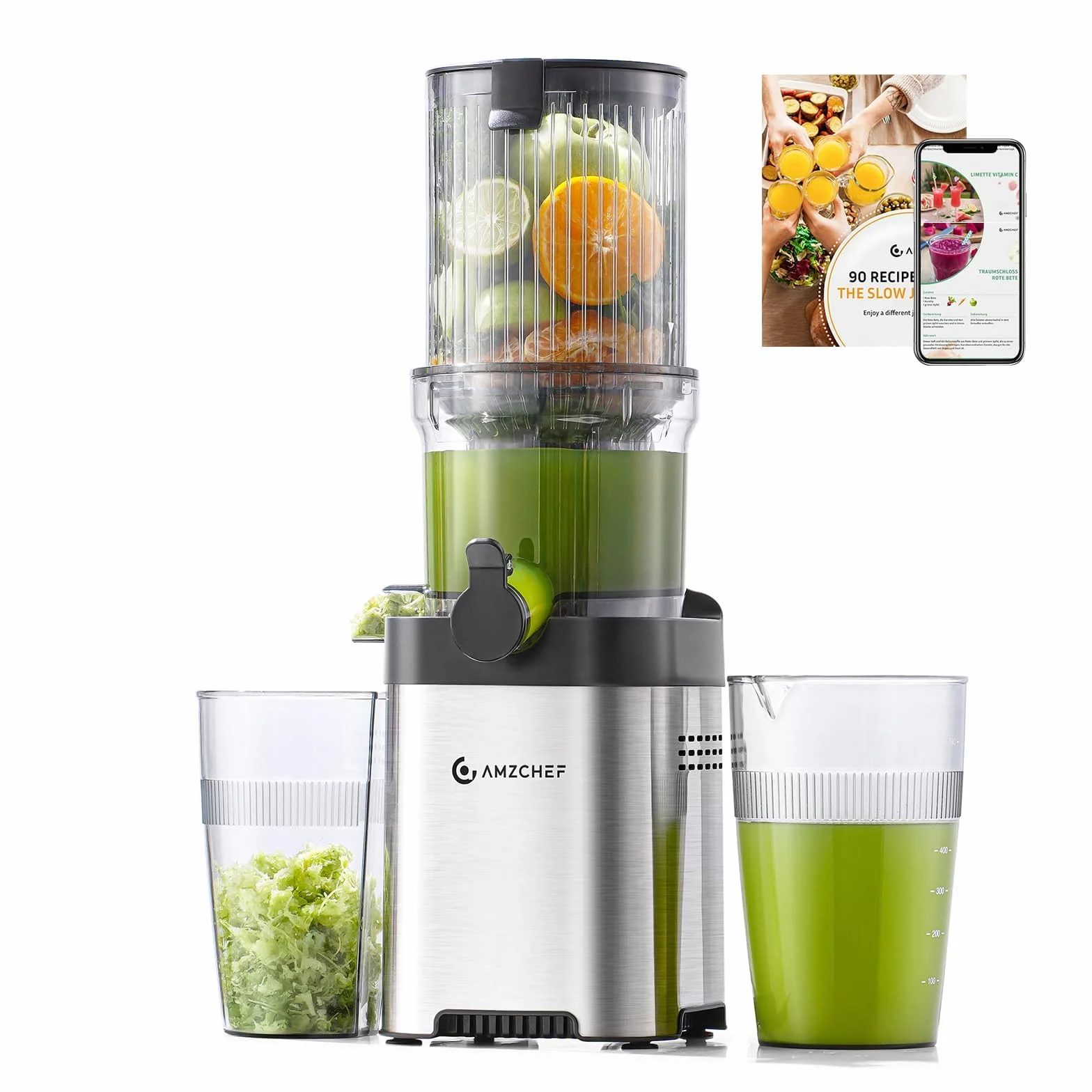 AMZCHEF Extracteur de Jus 120mm Grande Bouche, Presse Agrume Électrique Anti-Blocage 60Tr/Min, Inox