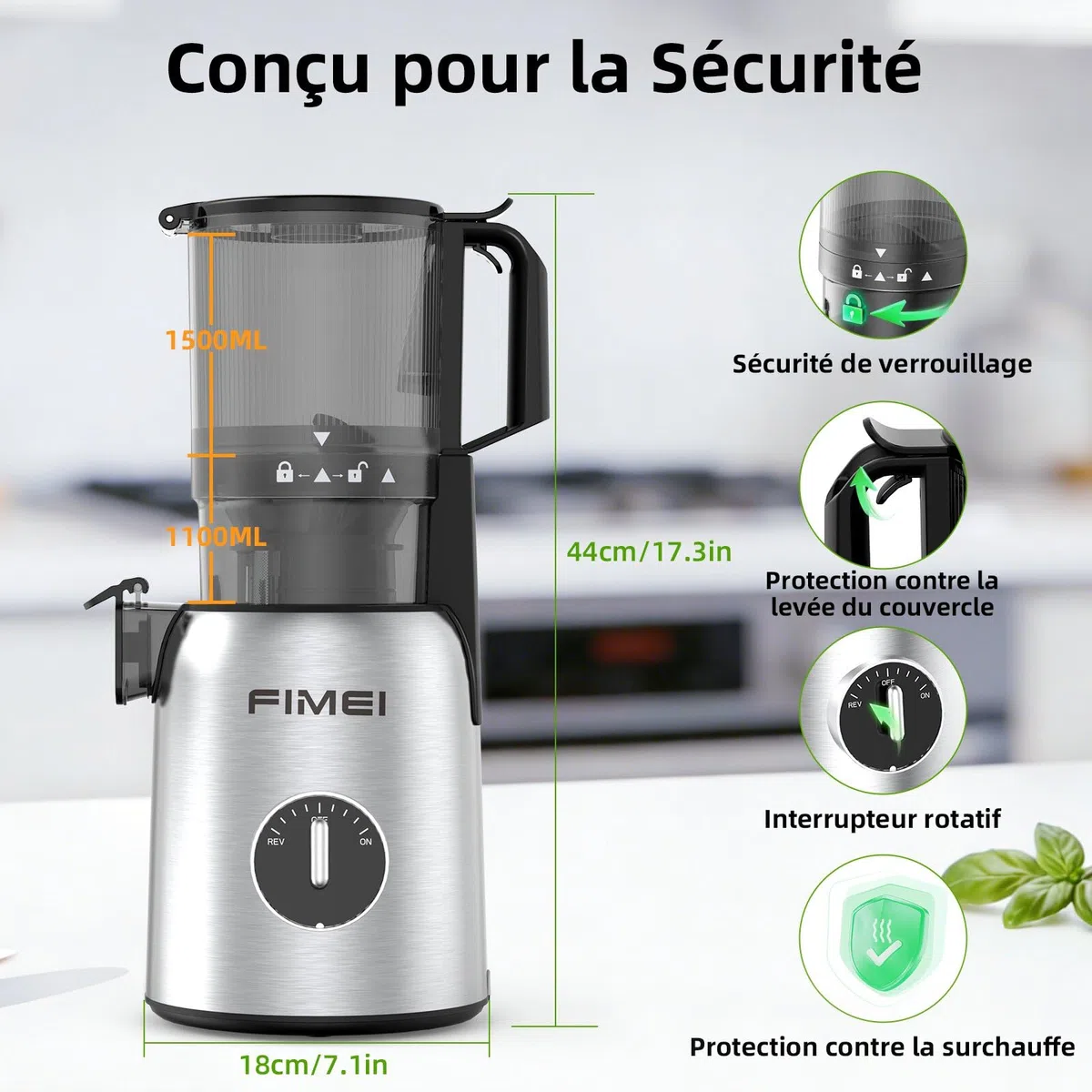 FIMEI Extracteur de Jus, Slow Juicer Grande Ouverture 135mm, Sans BPA, Base Inox, 2 Verres