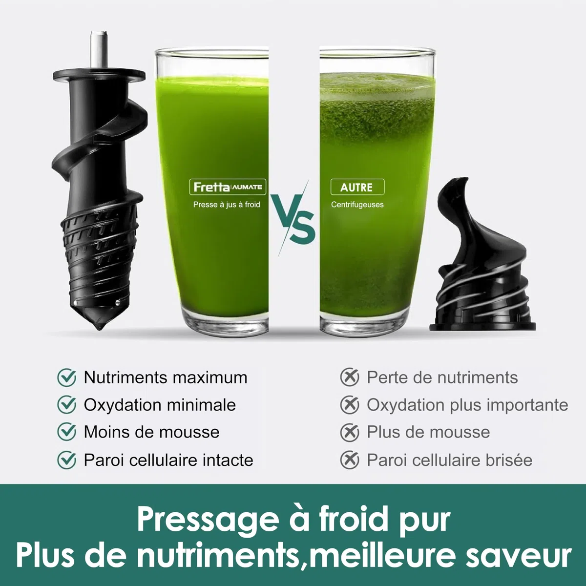Fretta Extracteur de Jus à Pression à Froid, Goulotte 76 mm, Presse-agrumes sans BPA, Noir