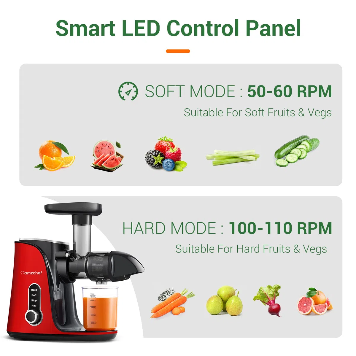 AMZCHEF Extracteur de Jus Double Vitesse Modes Soft Hard - Juicer Machine Fruits Légumes avec Bouteille Portable 2 Tasses Rouge