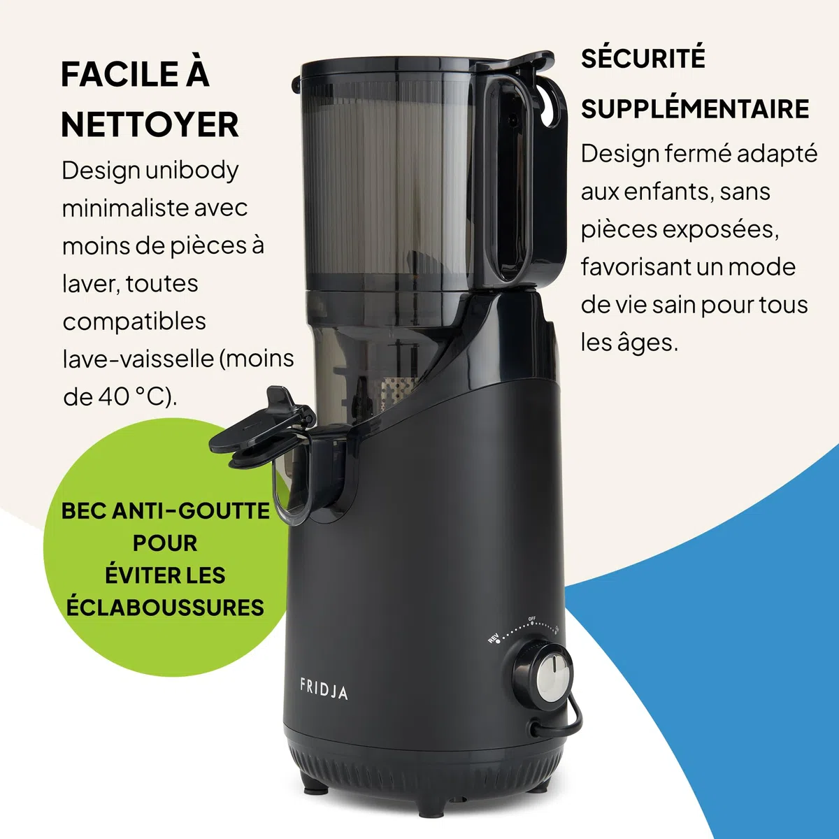 Fridja f2500 Extracteur de Jus à Alimentation Automatique 250W Goulotte 135mm Fruits Entiers Sans BPA Noir Mat