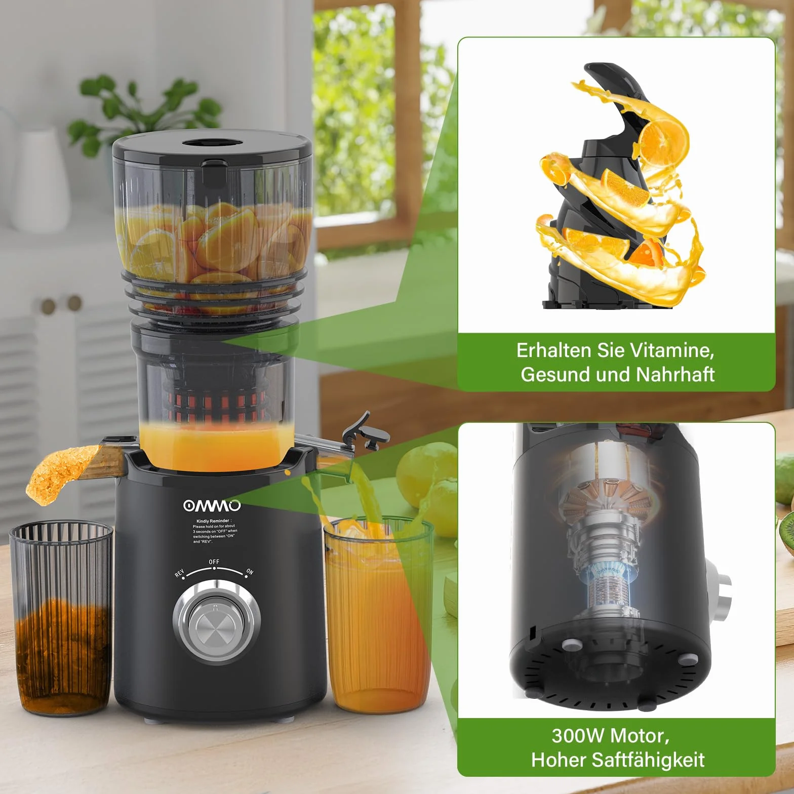 OMMO Extracteur de Jus 300W, Goulotte 148 mm, Machine à Jus électrique, 2 Tasses PC, Sans BPA, Noir