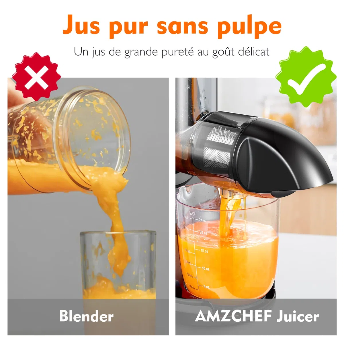 AMZCHEF Extracteur Jus Fruits Légumes Froid sans BPA 2 Tasses Brosse Fonction Mastication Inversée Bleu Doux