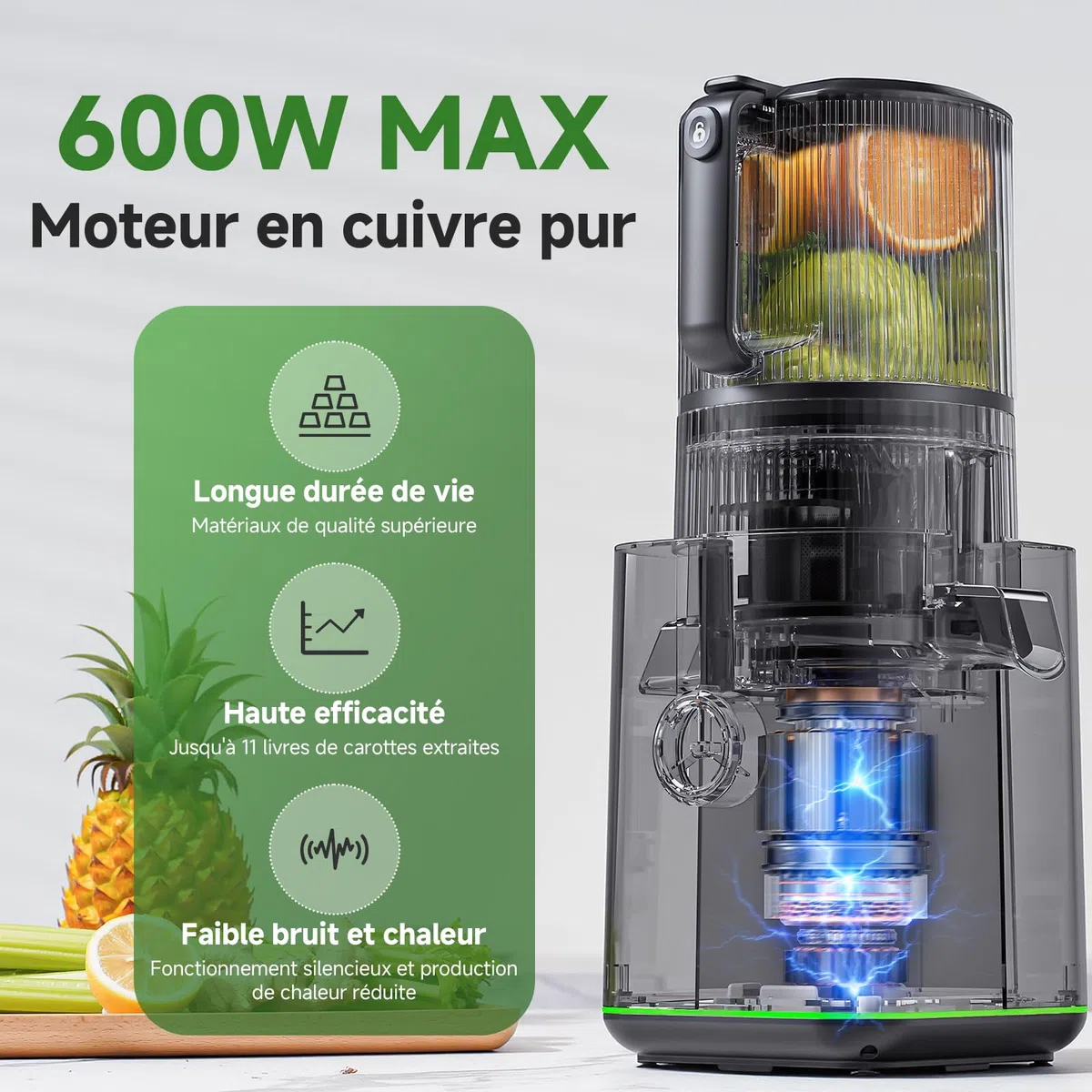 AMZCHEF Extracteur de Jus de Fruits et Légumes, Bocca 155mm, 2,5L, 2 Filtres, Pression Automatique
