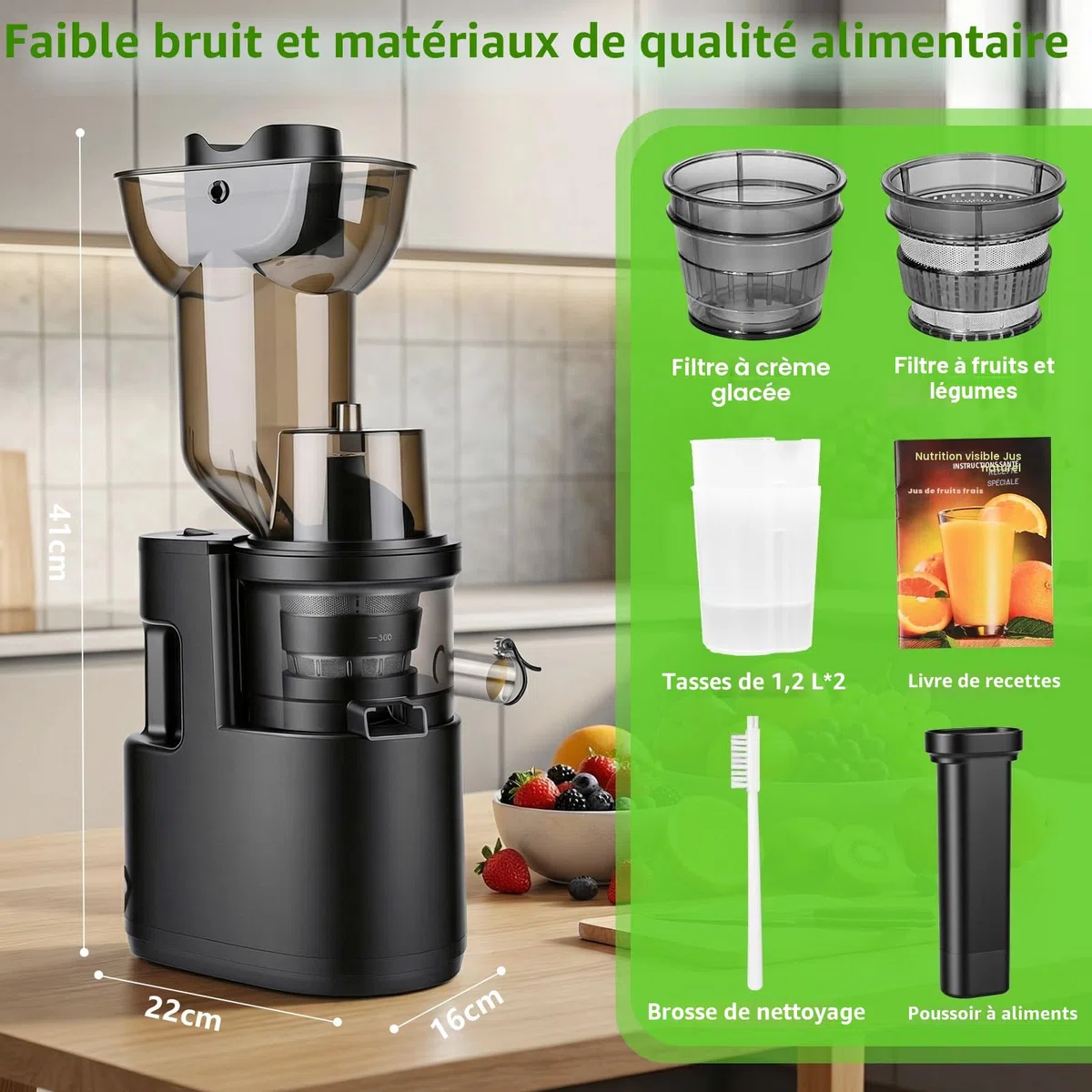 Extracteur de jus 500W, Fruits et Légumes, Fonction Inverse, Grande Ouverture 98mm, Slow Juicer, Taux d'extraction 98%, 2 Récipients, Sans BPA