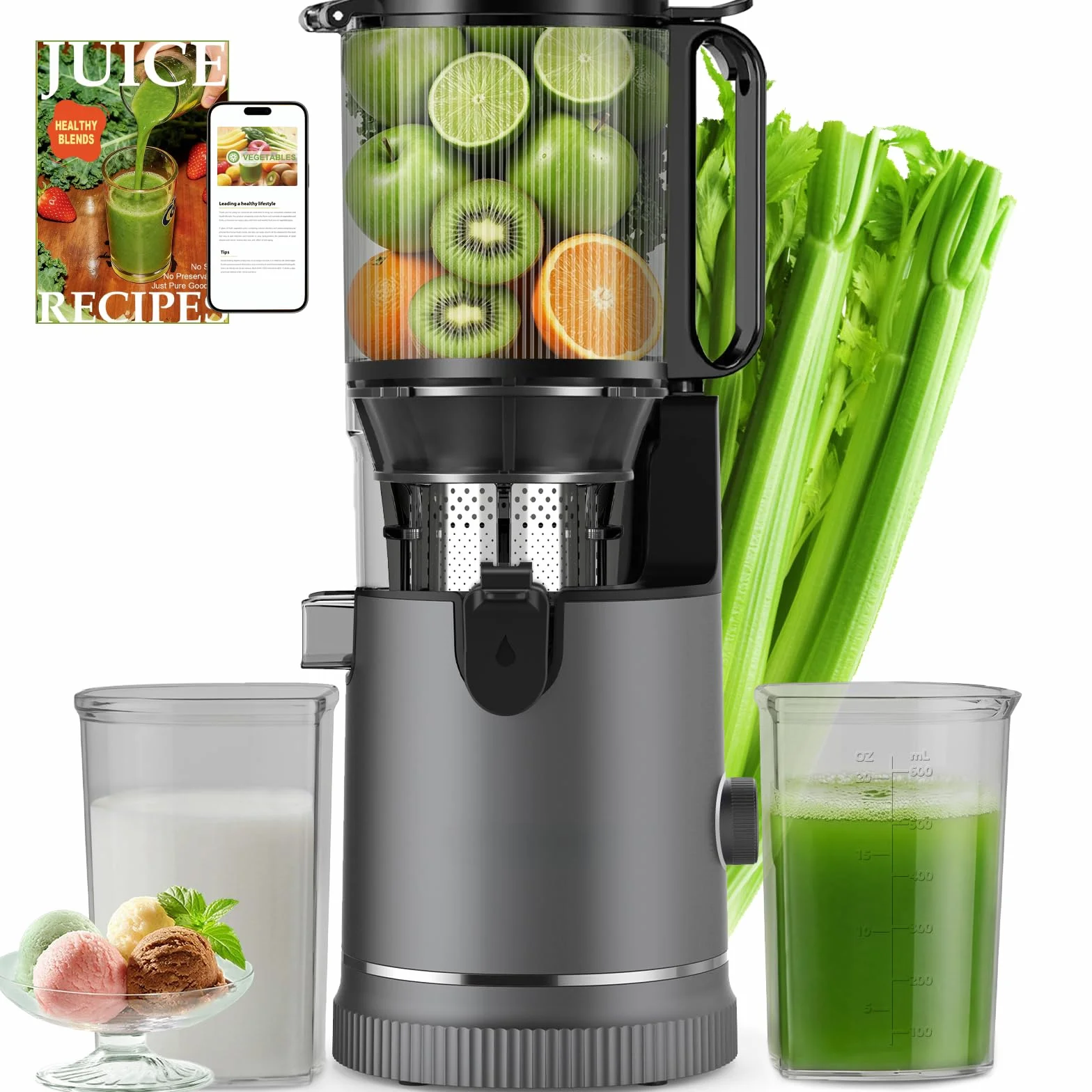 Extracteur de Jus à Froid 400W, Goulotte XL 152 mm, Tamis 3-en-1, Sans BPA, 1,8L