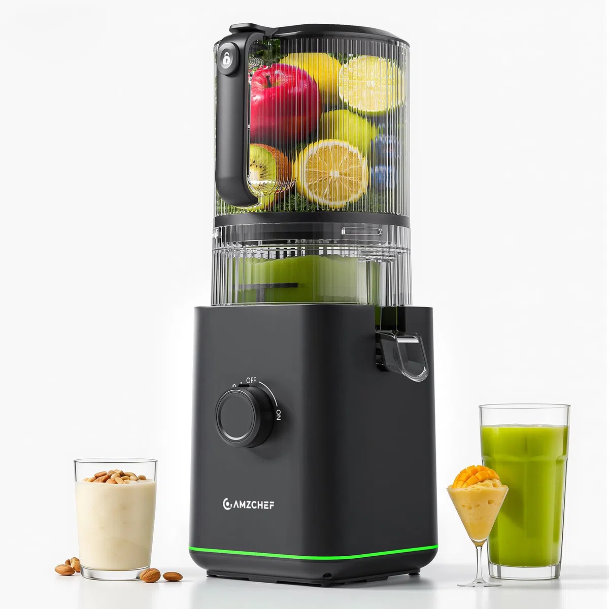 AMZCHEF Extracteur de Jus de Fruits et Légumes, Bocca 155mm, 2,5L, 2 Filtres, Pression Automatique