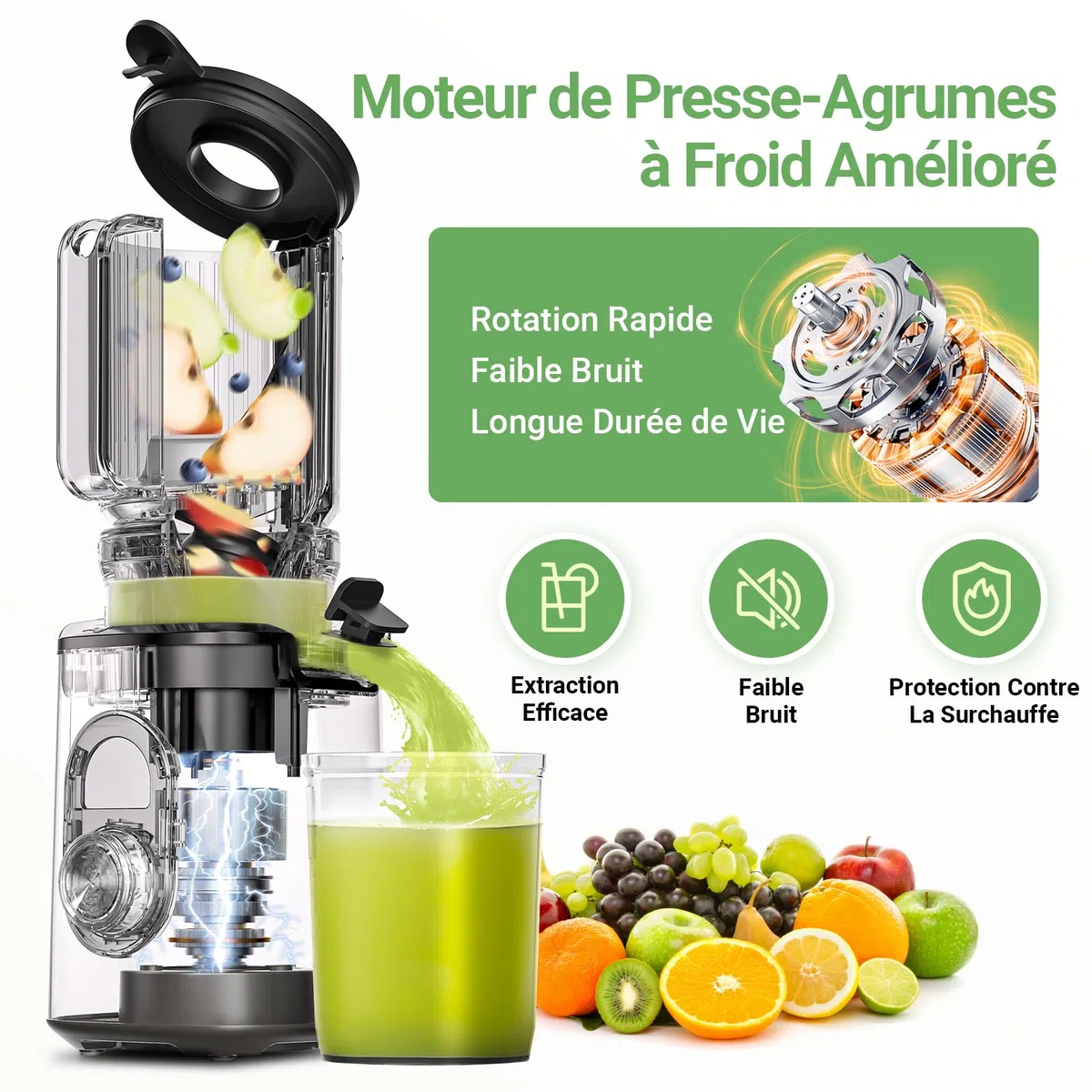 AAOBOSI Extracteur de Jus Fruits et Légumes 110 mm, Mastication Inversée, Sans BPA, 2 Tasses