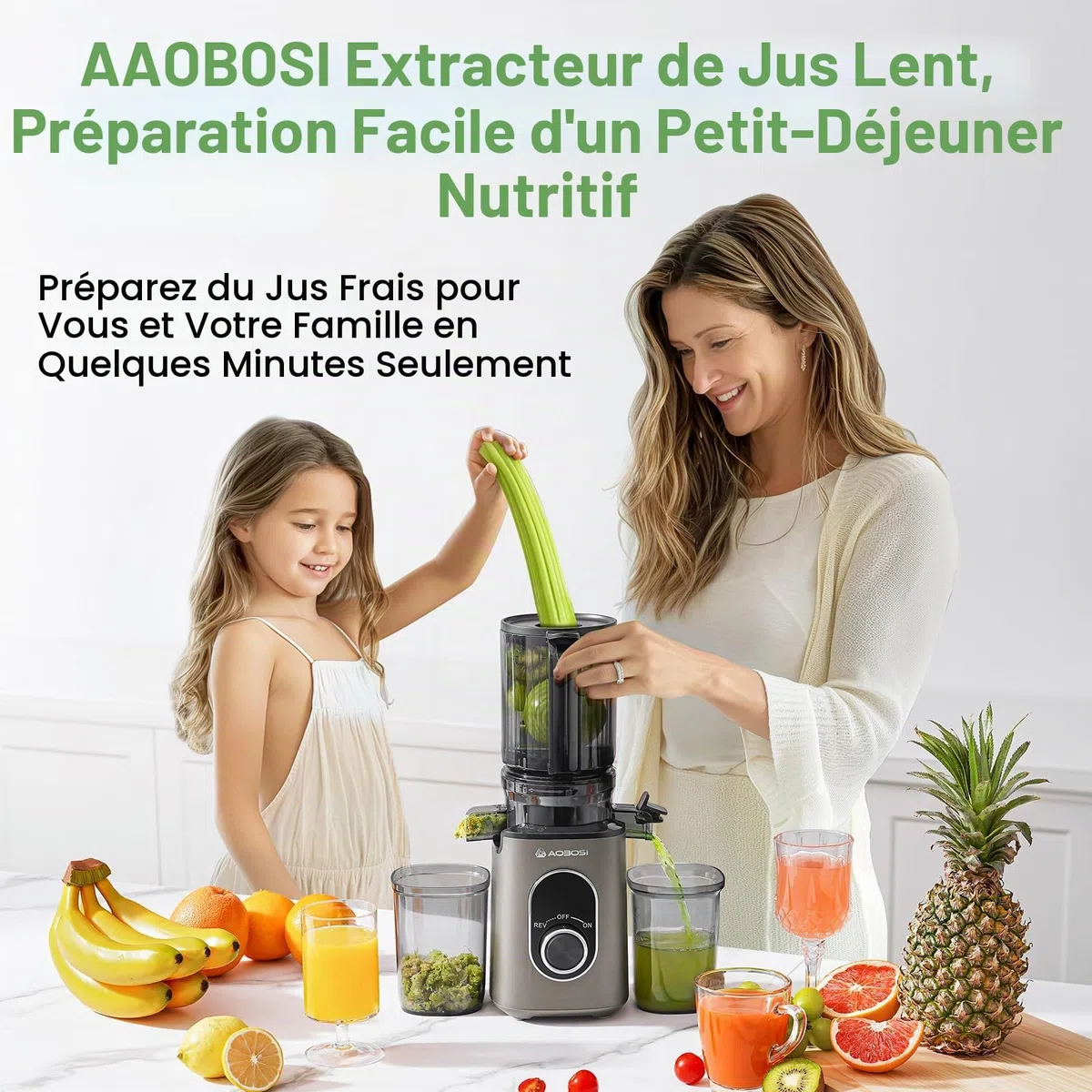 AAOBOSI Slow Juicer Extracteur de Jus, 110 mm Ouverture, Mastication Inversée, Sans BPA